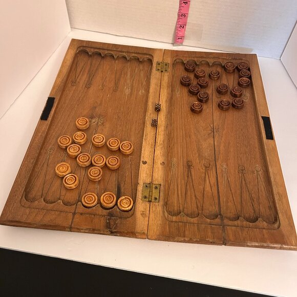 Vintage Hand-Carved Wooden Chess & Backgammon Board w/ - Picture 1 of 13
